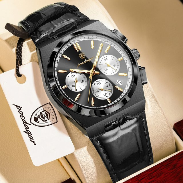 POEDAGAR Armbanduhr Chronograph, Quarz, Leder, Schwarz, Herren - Bild 1