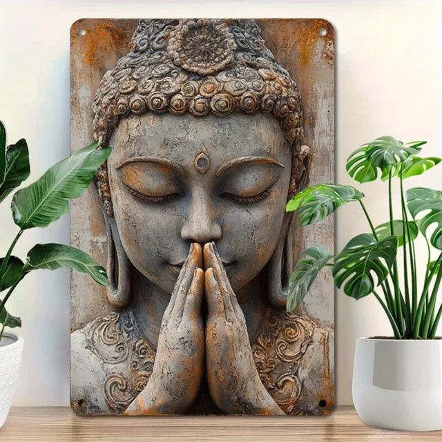 HELLOYOUNG Vintage Buddha Blechschild aus Aluminium in Gold, Rechteckiges Metalldekor für Haus und Garten, B: 30,0 cm, H: 20,0 cm - Bild 1