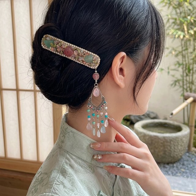 Haarspange New Chinese Style, mit farbigem Stein, Fransen - Bild 1
