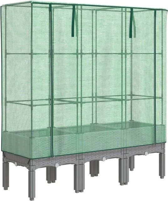 vidaXL Hochbeet mit Gewächshaus-Aufsatz in Rattan-Optik, B/T/H: 120 x 40 x 140 cm, Grau/Grün - Bild 1