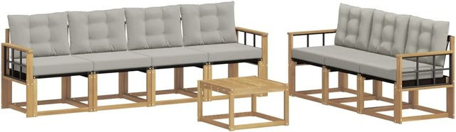 vidaXL Outdoor-Sofagarnitur 8-teilig aus Akazienholz mit Textilene und Kissen in Weiß-Hellgrau - Bild 1