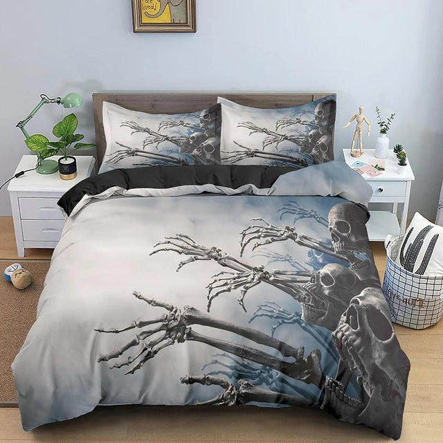 Binchi Fitness 3D-Skelett-Bettwäscheset mit Totenkopf-Motiv aus weicher Mikrofaser, 3-teilig, B/H: 135 x 200 cm - Bild 1