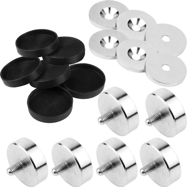 vasalat Topfmagnet Ø 25 mm mit Gewindezapfen, Scheiben und Gummikappen, 18-teiliges Set in Schwarz und Silber - Bild 1