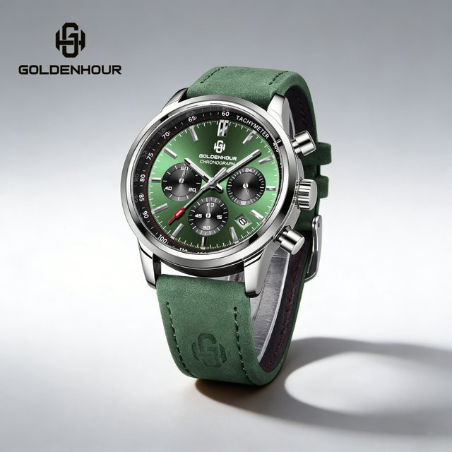 GOLDENHOUR Chronograph, Herren, Grün, Quarz, Leder, wasserdicht - Bild 1