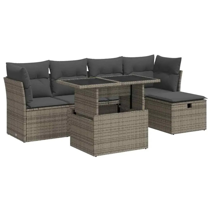 vidaXL 6-teilige Garten-Sofagarnitur in L-Form aus Poly-Rattan in Grau mit Kissen und Couchtisch - Bild 2
