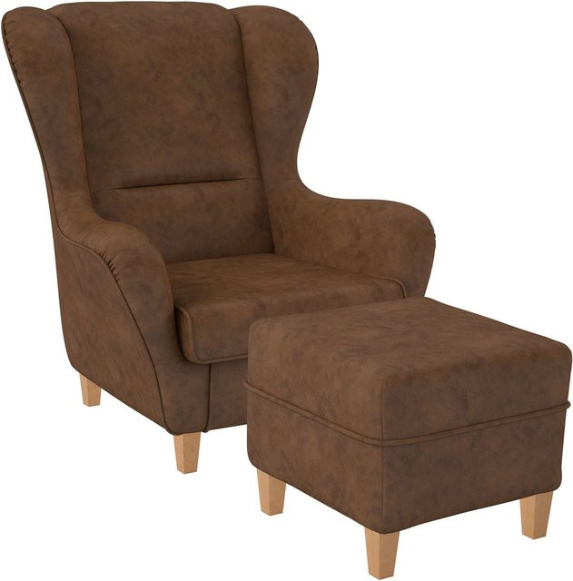 Supellex Sofia Ohrensessel mit Hocker aus Kunstleder in Rehbraun im rustikalen Design - Bild 1