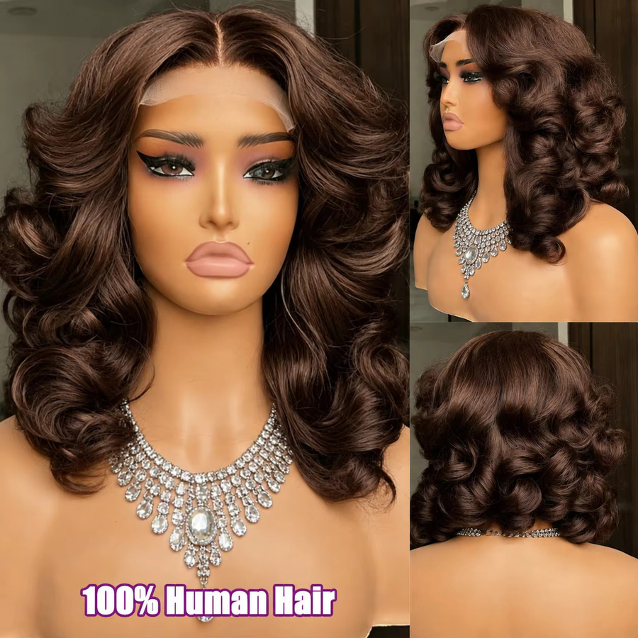 Happy Monday Bob-Perücke Echthaar, Schokoladenbraun, Body Wave, 13x4 HD Lace-Front - Bild 2