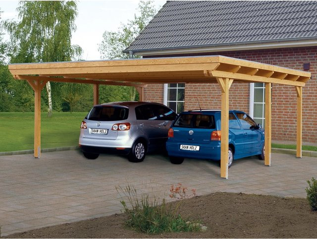 Skan Holz Carport Emsland aus Fichte Leimholz in Beige mit flacher Dachform B/T: 613 x 604 cm und einer Firsthöhe von 248 cm - Bild 1