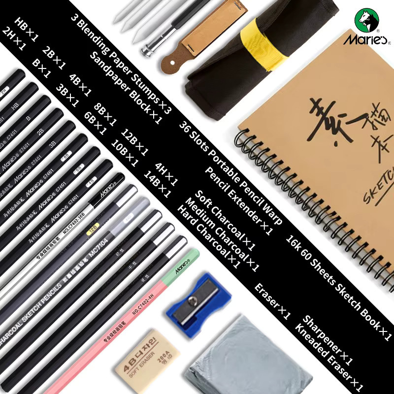 Marie's 25-teiliges Zeichenset und Skizzenkit in Multicolour mit Zeichentasche, Skizzenbuch, Kohlestiften, Zeichenstiften, Kohlestäbchen und Anspitzer - Bild 2