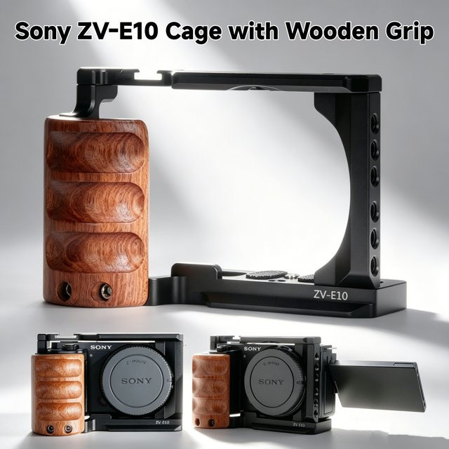 Sony Kamerakäfig für ZV-E10 aus Aluminiumlegierung mit Holzgriff in Schwarz inklusive Arca-Swiss-Platte und Cold Shoe Halterung - Bild 1