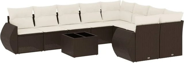 vidaXL 10-teilige Garten-Sofagarnitur in L-Form aus braunem Poly-Rattan mit Polsterkissen und Metallrahmen - Bild 1
