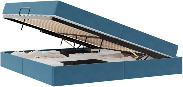 vidaXL Aufbewahrungsbett mit Matratze in Dunkelblau aus Samt und Metall, B/T: 200 x 200 cm - Bild 1