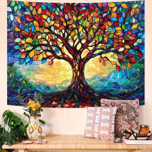 VIKAMA Wandteppich Baum des Lebens in Buntglas-Optik, Boho Wanddekoration mit Naturmotiv für Wohnzimmer und Schlafzimmer, Rechteckig, Mehrfarbig - Bild 1