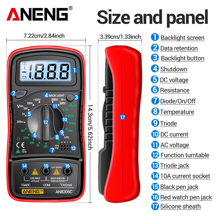 ANENG Digitalmultimeter AN8205C mit blauer Hintergrundbeleuchtung für AC/DC Spannung, Temperatur und hFE Triode Test - Bild 5