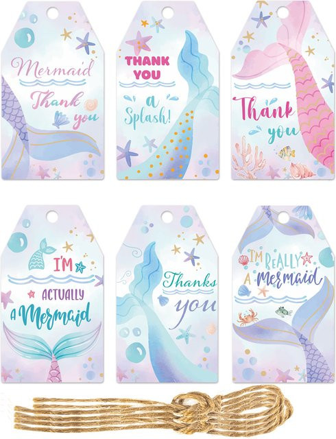 60 Stück Meerjungfrau Danke Tags mit Schnüren von joy-enlife, bunte Geschenkkarte für Mädchen und Unter dem Meer Themen Geburtstagsdekoration aus Papier - Bild 1