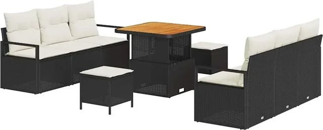 vidaXL Garten-Sofa-Set aus Poly-Rattan in L-Form mit 9-teiligem Set, Polsterkissen und Couchtisch, Schwarz und Beige - Bild 1