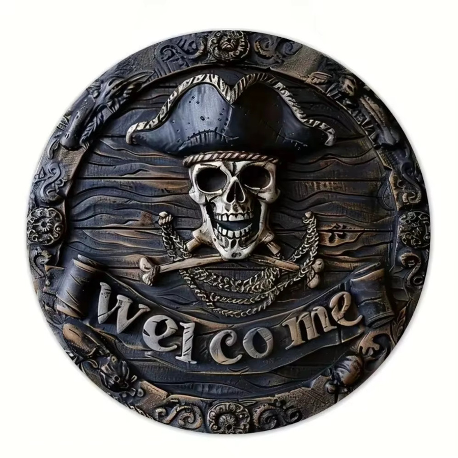 Potdemiel Piraten-Schädel Willkommensschild für Halloween, rundes Dekoschild aus Kunststoff, Durchmesser: 20 cm - Bild 3
