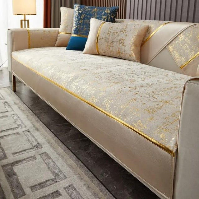 Anti-Rutsch Sofabezug aus Samt in Gold und Weiß, Vier-Jahreszeiten Couchkissenbezug für dein Wohnzimmer, Breite: 90 cm, Breite: 90 cm - Bild 1
