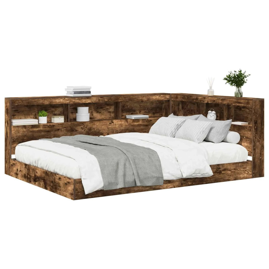 vidaXL Bettgestell mit integriertem Bücherregal-Kopfteil in Räuchereiche, B/T/H: 140 x 200 x 157,5 cm - Bild 2