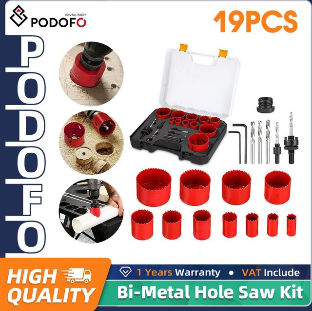 Podofo 19-teiliges M42 Bi-Metall Lochsägen-Set in Rot mit 11 Sägeblättern, 2 Schaftstücken und 3 Bohrern für Aluminium, Holz und PVC - Bild 1