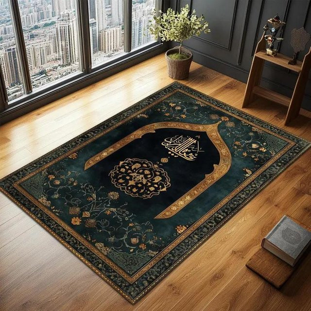 Eleganter islamischer Gebetsteppich in Blau, maschinell gewebter Orientteppich aus Polyester, B/B: 40 x 60 cm - Bild 1