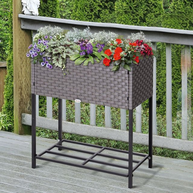 Outsunny Hochbeet aus Polyrattan und Stahl mit Füßen und Ablage in Braun, B/H/T: 70 x 72 x 30 cm - Bild 1