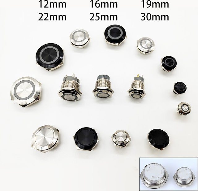 Wasserdichter Mini Drucktaster mit LED-Beleuchtung für 12V, Momentan Schalter in Schwarz, erhältlich in 12/16/19/22/25/30mm Durchmesser - Bild 1