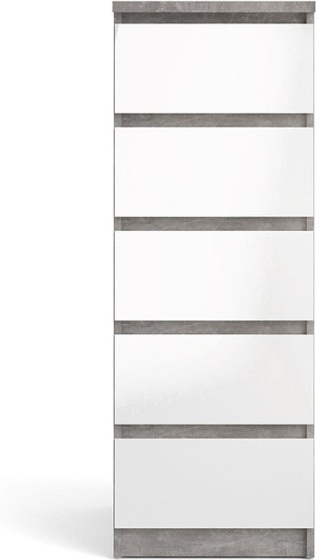 Hellin Nada Kommode Hoch und Schmal mit 5 Schubladen in Weiß Hochglanz und Beton Dekor - Bild 1