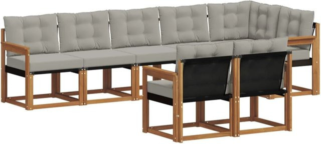 vidaXL Outdoor-Sofagarnitur 8-teilig aus Akazienholz und Textilene in L-Form mit Kissen, Farbe: Grau und Natur - Bild 1