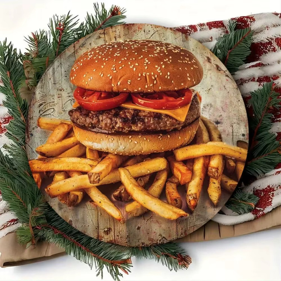 Vintage Metallschild CIFBUY mit Hamburger und Pommes als Wanddekoration aus Aluminium, Breite: 20,32 cm, Höhe: 20,32 cm - Bild 2