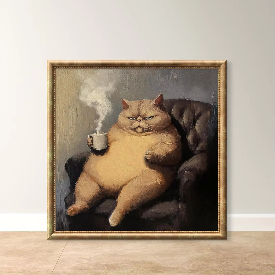 Wandbild von SHENCHEN im Renaissance-Stil mit einer mürrischen gelben Katze in einem Sessel, humorvolles Ölgemälde als quadratisches Holzbild in Mehrfarbig - Bild 2