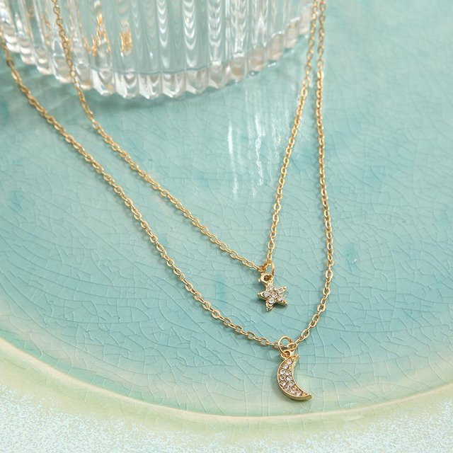 Halskette mit Anhänger Mond Fünfzackiger Stern, Gold, Diamant, Zirkonia, Damen - Bild 1