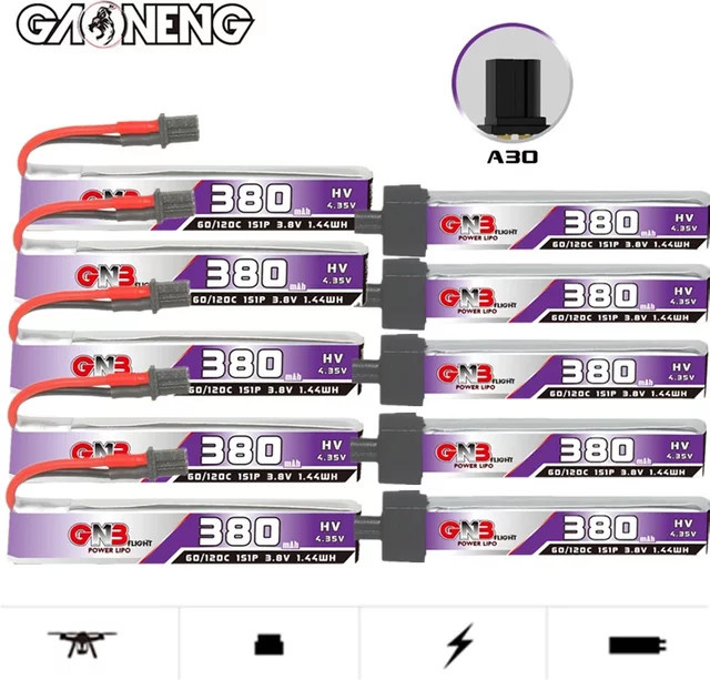 GNB LiPo Batterie 1S 3,8 V 380 mAh 60C mit BT2.0 Stecker für FPV RC Tiny Whoop Drohnen in Weiß - Bild 1