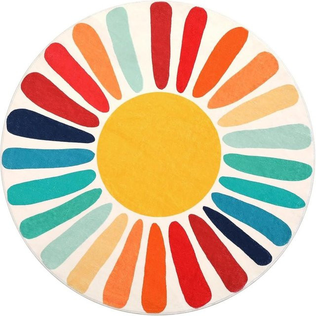 Runder Boho-Teppich von Binchi Furniture mit Regenbogen-Sonnen-Druck, waschbar und rutschfest, Multicolour, Durchmesser: 120 cm - Bild 1