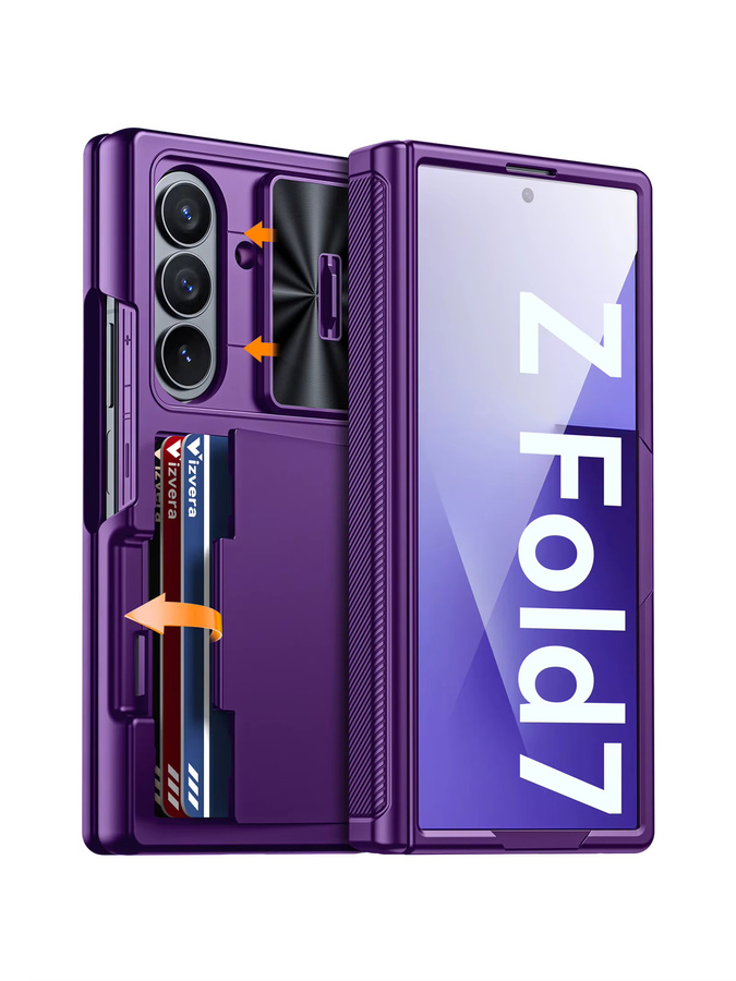 BANGZAO Stoßfeste Hülle für Galaxy Z Fold 7 mit Kartenhalter, Schiebe-Kameraabdeckung und RFID-Blockierung in Lila - Bild 7