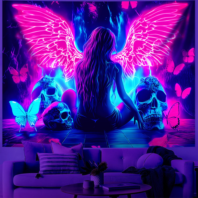 VIKAMA Wandteppich Dunkle Engelsflügel, fluoreszierender Wandbehang schwarzlicht-reaktiv, Mehrfarbig, B/H: 60 x 40 cm - Bild 1
