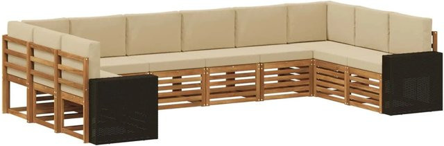 vidaXL Outdoor-Sofagarnitur aus Akazienholz und UV-beständigem Polyester in Natur-Beige mit 10 Modulen und Kissen inklusive - Bild 1