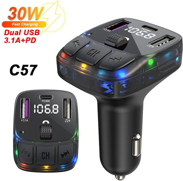 Meiteai-Car&Motor Bluetooth 5.3 Auto-FM-Transmitter mit PD 30 W Dual USB Schnellladegerät und Umgebungslicht in Schwarz - Bild 1