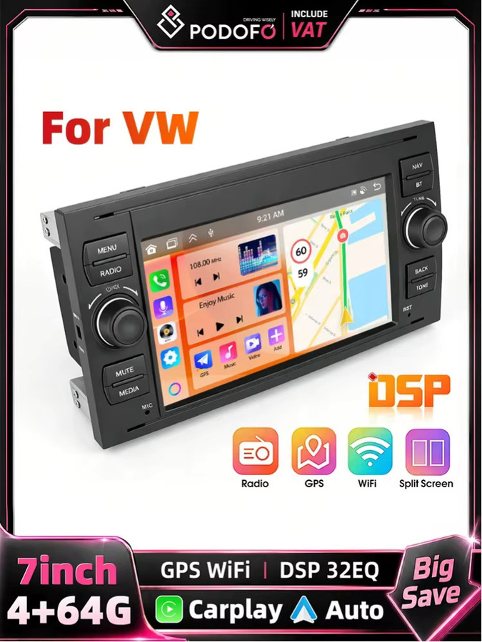 Podofo Android Auto und Carplay Multimedia-Player mit 7 Zoll Touchscreen und GPS-Navigation in Schwarz für Ford Focus Fiesta Mondeo Kuga C-Max Transit Galaxy Fusion - Bild 5