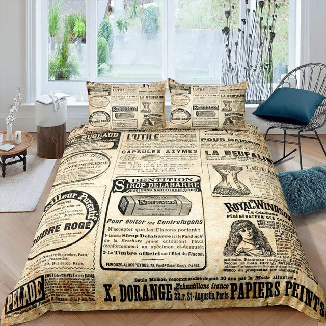 Binchi Fitness Bettwäscheset Vintage Alte Zeitung Design in Braun und Beige, bestehend aus Bettdeckenbezug und Kissenbezug aus Polyester, B/H: 260 x 220 cm - Bild 1