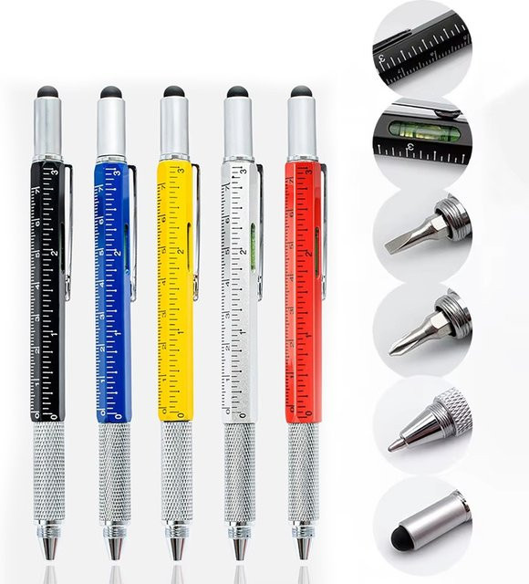 7-in-1 Multifunktions-Kugelschreiber aus Metall in Schwarz mit Touchscreen-Eingabestift, Schraubendreher, Lineal und Nivelliergerät - Bild 1