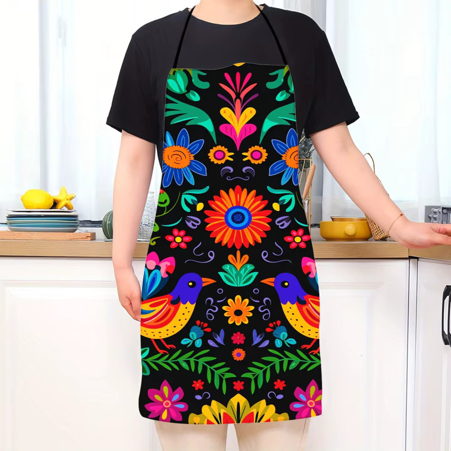 ZZN Kochschürze im mexikanischen Stil in Schwarz mit buntem Blumen- und Vogelmuster - Bild 2