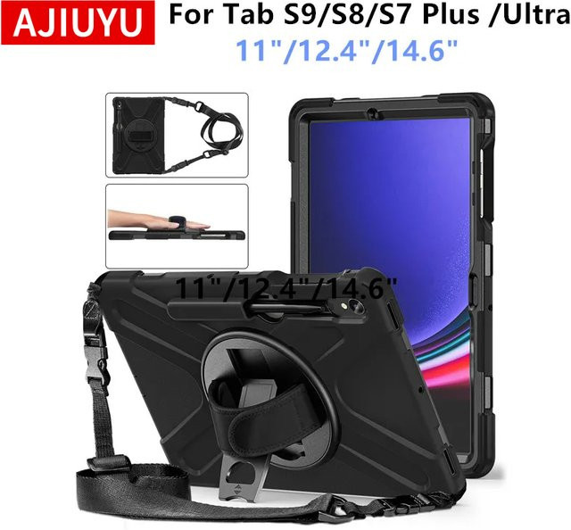 Stoßfeste Kinder-Schutzhülle mit Standfunktion und Schultergurt für Samsung Galaxy Tab S9 S8 Ultra S7 Plus FE in Schwarz - Bild 1