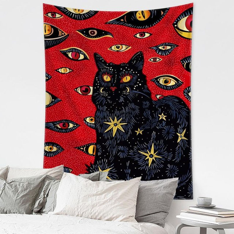 Super Six Coven Cat Wandbehang Boho Mandala Kunst Dekoration, Rot, B: 95 cm, H: 70 cm - Bild 1