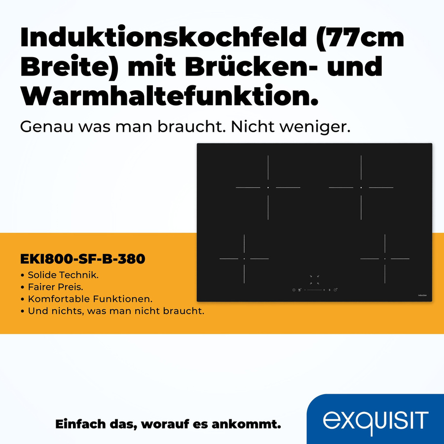 Exquisit EKI800-SF-B-380 Induktionskochfeld in Schwarz mit Glaskeramik und Timer, Einbaugerät, B: 77 cm, T: 52 cm, H: 6 cm - Bild 3