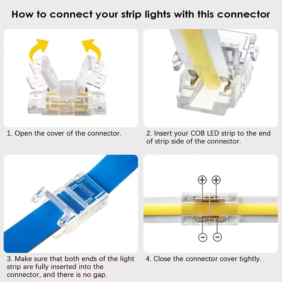 YSRSAI COB LED-Streifen-Verbinder 2-Pin für 5mm 8mm 10mm, lötfreie Streifen-zu-Streifen und Streifen-zu-Kabel Verbindung, transparent - Bild 2