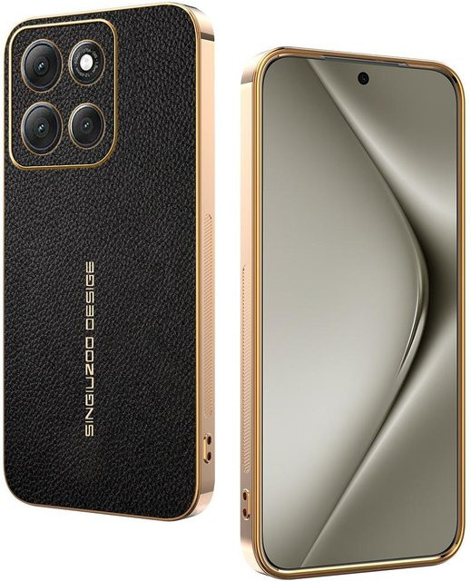 Motorola Moto G35 Schutzhülle aus Lychee-Leder mit Galvanik-Rahmen in Schwarz - Bild 1
