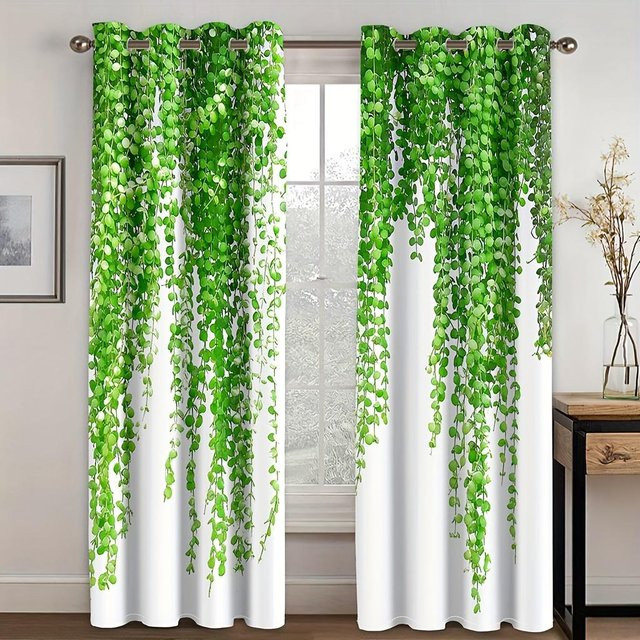 Yiran Furniture Vintage Palmblatt Fenster Vorhänge mit Blumendruck, 2er-Set, Weiß, B: 65 cm, H: 60 cm - Bild 1