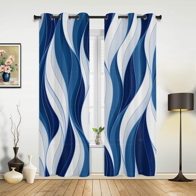 Yiran Furniture Vorhang mit dunkelblauem wellenförmigem abstrakten Linienmuster, semi-transparent, Breite: 135 cm, Höhe: 137 cm - Bild 1