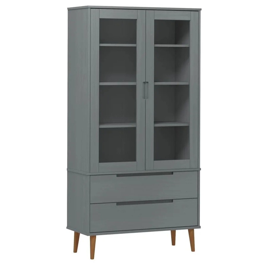 vidaXL Vitrinenschrank MOLDE in Grau aus massivem Kiefernholz mit Glastüren, B/T/H: 90 x 35 x 175 cm - Bild 2